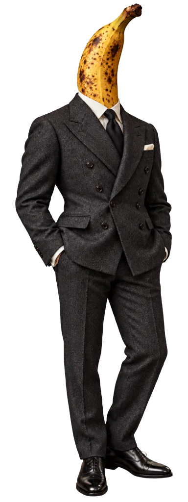 Dolce & Banana: a spotted overripe banana head on a charcoal double-breasted suit, hands in pockets