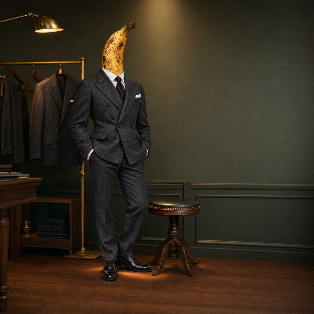 Dolce & Banana standing in a tailor's fitting room beside a brass lamp, a suit rack and a leather stool